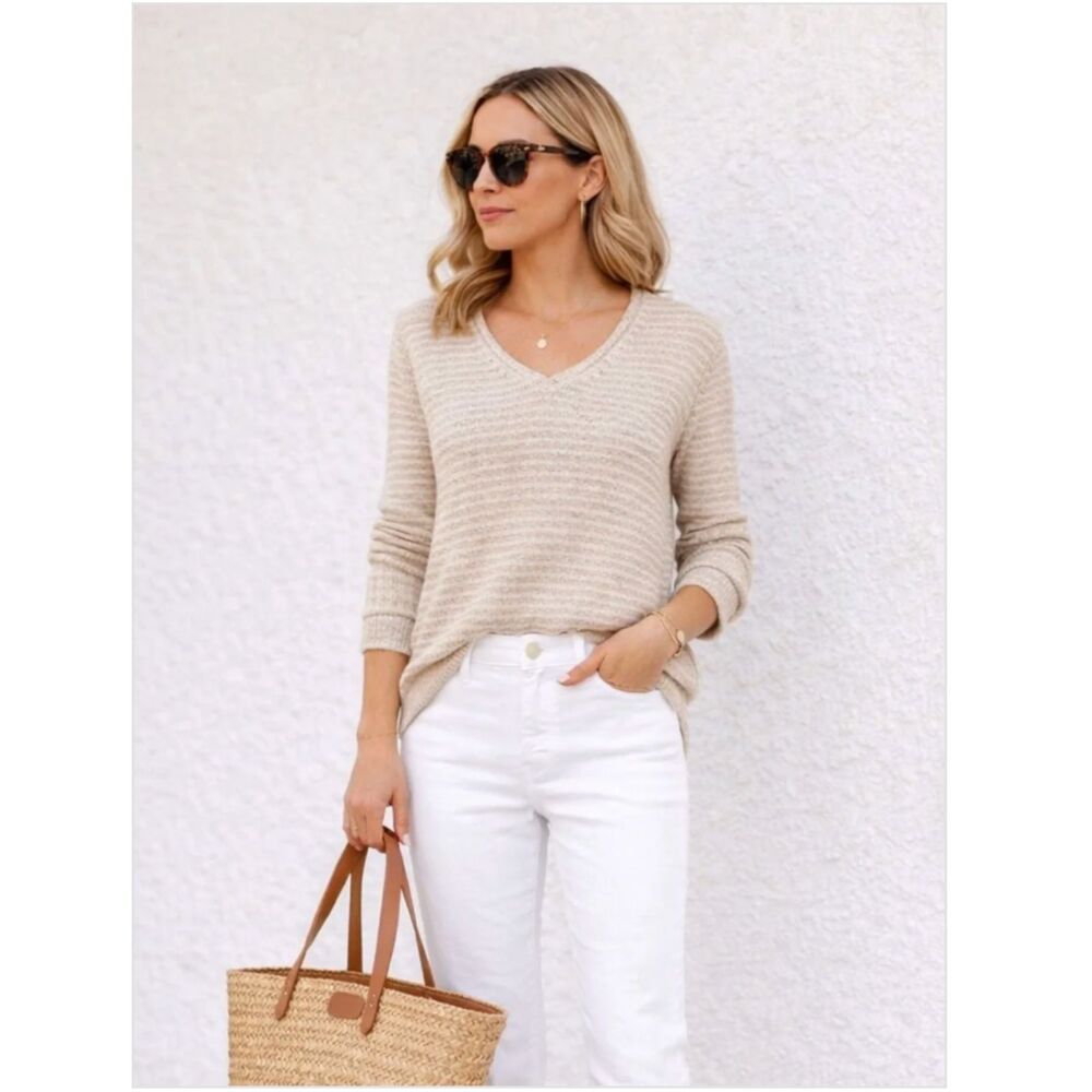 J. McLaughlin Callum Striped Knit V-Neck Cotton Sweater Cream Tan Small